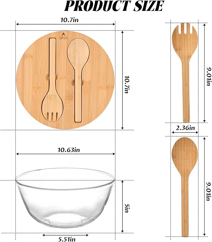 LOVYANXUE 10.6" Glass Salad Bowl with Sealed Lid, 4.7 Quart Large Capacity Serving and Mixing Bowls with Utensils, Versatile Serving Dish for Salads, Trifle, Fruits, Pasta, Microwave Safe