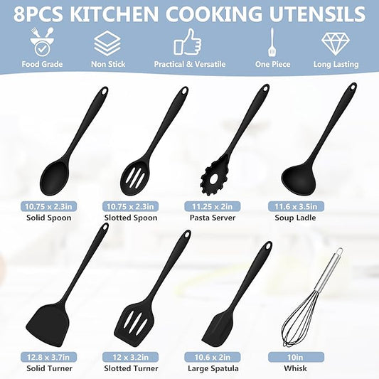 TeamFar 8 PCS Silicone Cooking Utensils - 446°F Heat Resistant Kitchen Silicon Utensils Set, Turner, Spatula, Spoon, Whisk, Kitchen Cooking Gadgets Tools for Nonstick Cookware, Dishwasher Safe-Black