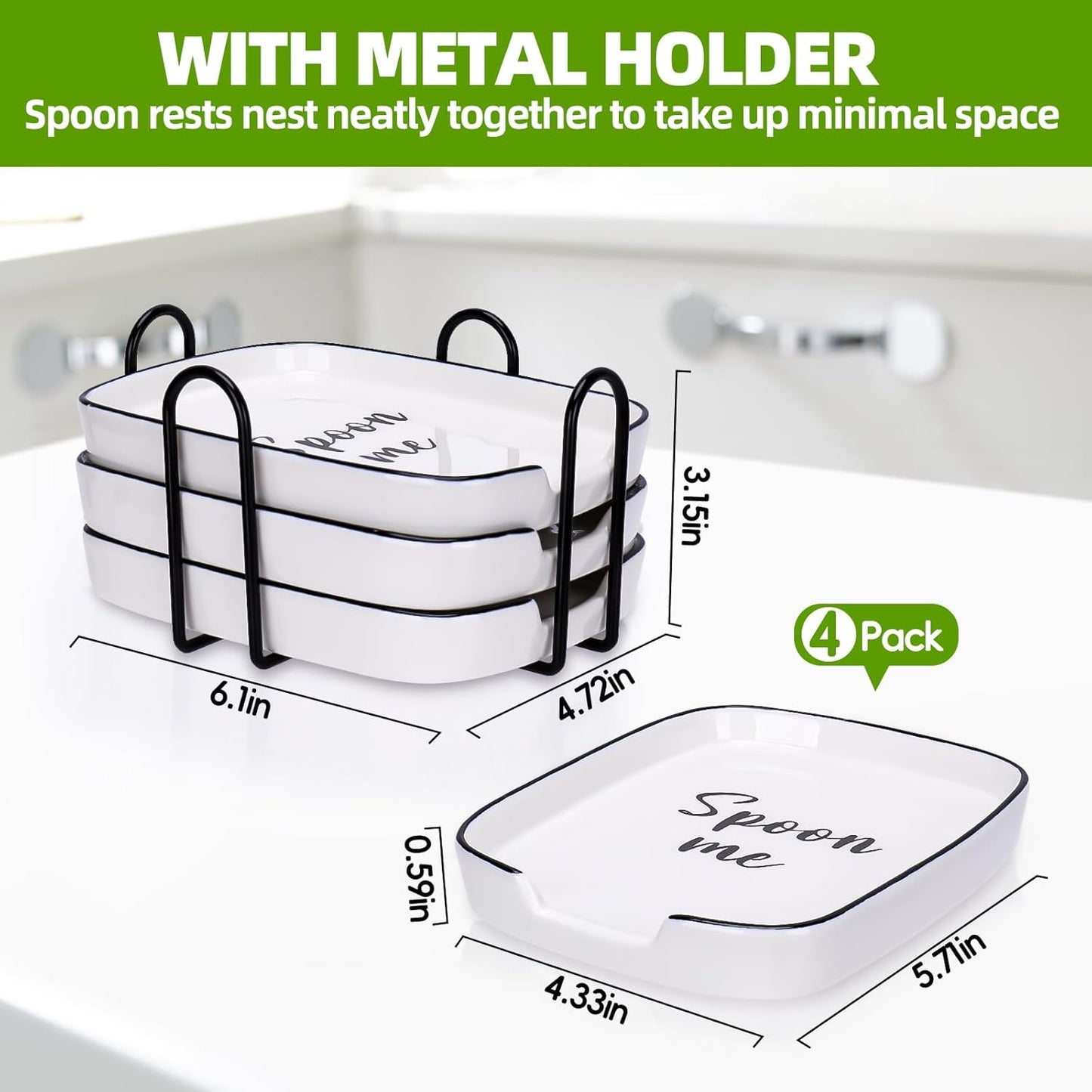 4 Pack White Ceramic Spoon Rest for Stove Top, Durable Spoon Rest Set with Metal Holder, Heat-Resistant Cooking utensils Rest, Large Spoon Rest for Kitchen Counter, Modern Farmhouse Kitchen Décor
