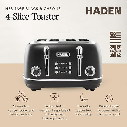 Haden Heritage 4 Slice Wide Slot Stainless Steel Toaster with Adjustable Browning Control & Non-Slip Feet, Black & Chrome