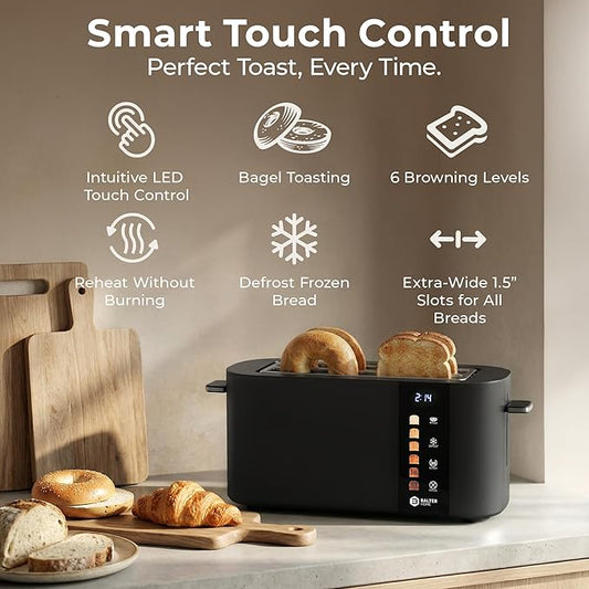 Balter Toaster 4 Slice Wide Slot, Bagel Function, Long Slot, Stainless Steel, Touch Screen, Built-in Rack, Extra-Wide 1.5" Slots for Thick Breads & Bagel, Timer, BPA-Free, Removable Tray, Black