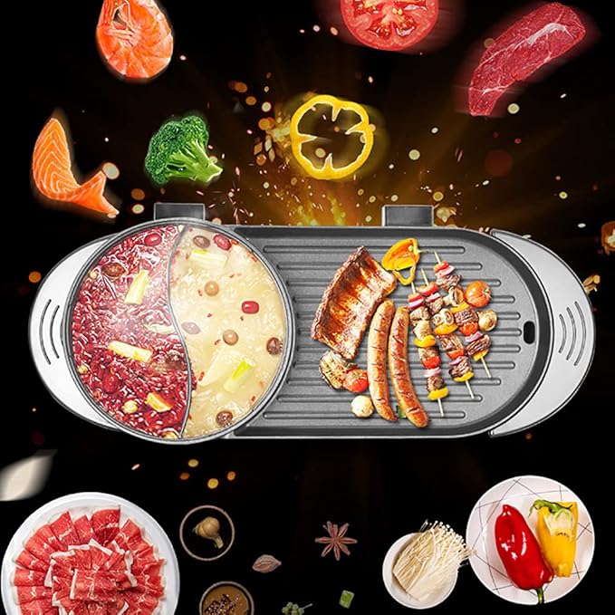 Electric Hot Pot with Grill 2 in 1 Shabu Shabu Hot Pot Korean BBQ Grill Removable Nonstick Smokeless Dual Temperature Durability Adjustable Thermostat