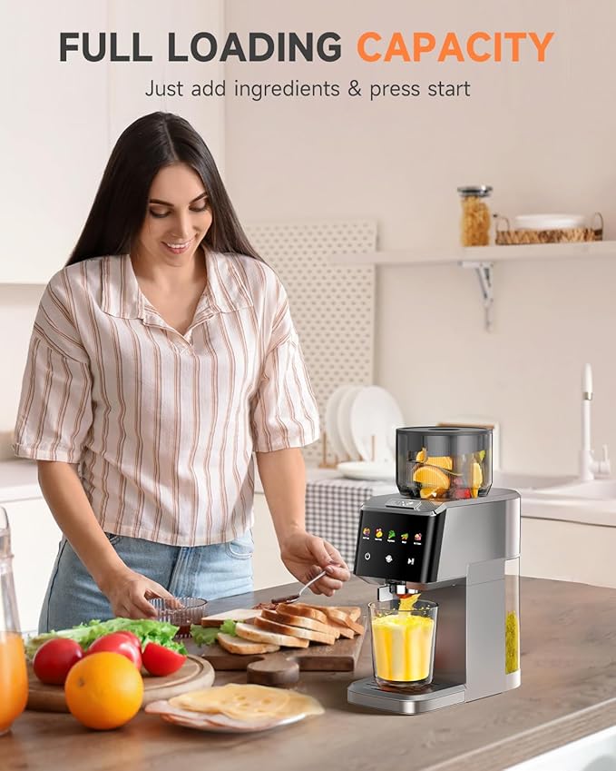 Cold Press Juicer with Large 5.12" Feed Chute- Slow Masticating Technology for Nutrient Retention, Quiet Motor, High Juice Yield, Leakproof Base- Perfect for Fruits Vegetables & Leafy Greens-Grey