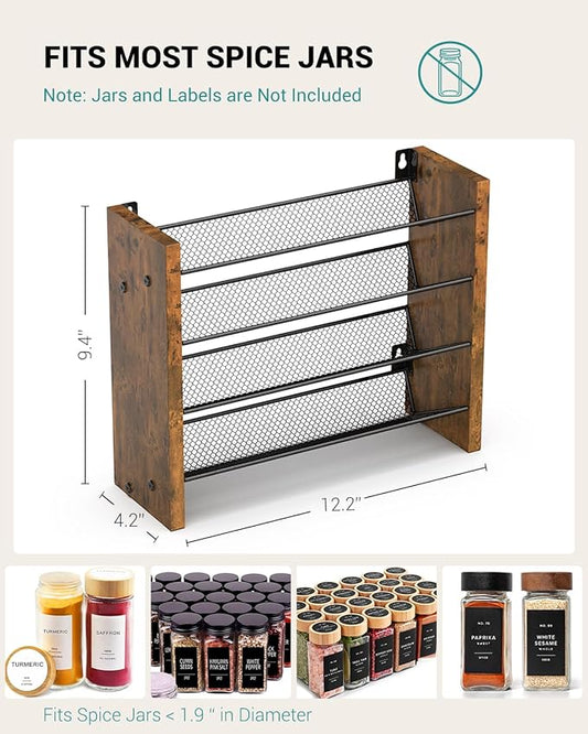 NESAPTO Spice Rack Organizer for Cabinet, Wooden 4 Tier Vertical Seasoning Organizers for Kitchen Pantry, Countertop/Wall Mount, Holds 24 Spice Jars (No Jars Included),12.2" W × 9.4" H
