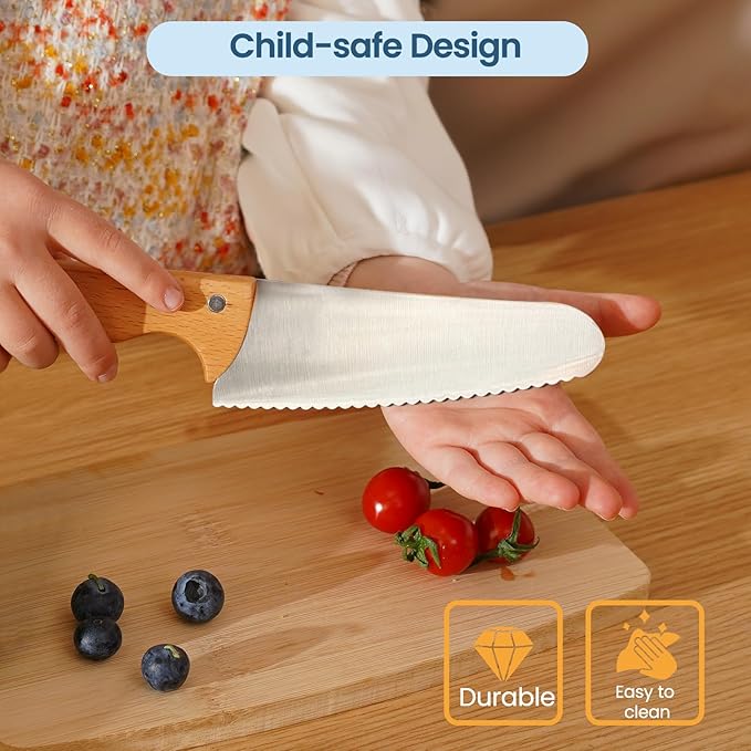 Kibbidea Kids Knife Set for Real Cooking Safe, 4pcs Kids Beginners Kitchen Knives for Cutting Chopping, Food-grade Stainless Steel Blades, Metal Children First Starter knife, BPA-free Tool (Silver)