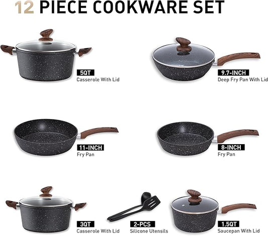 MAISON ARTS Pots and Pans Set Non Stick, 12 Piece Black Granite Kitchen Cookware Induction Compatible, Pot and Pan Sets for Cooking Nonstick