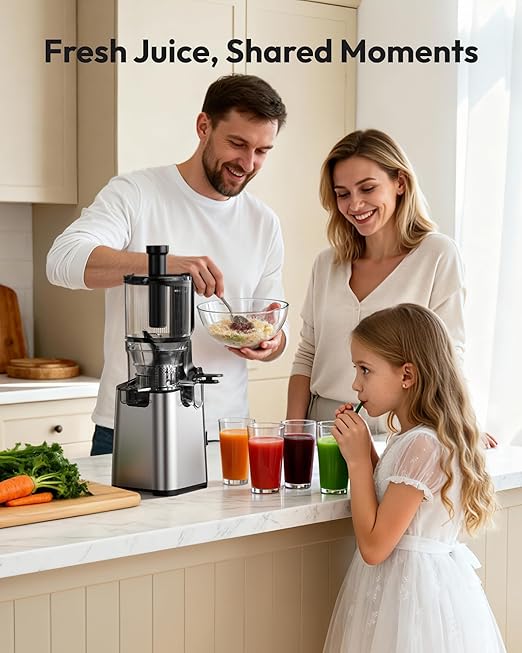 Cold Press Juicer Machines, EUHOMY 5.6" Wide Feed Chute Juicer Machines with 400W, Slow Masticating Juicer for Whole Fruits & Vegetables, High Juice Yield, Easy to clean, Black Stainless Steel