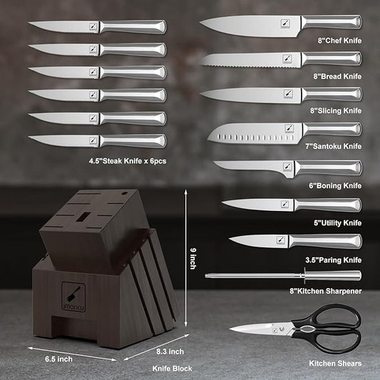 imarku Knife Set, 16 PCS High Carbon Japanese Stainless Steel Knife Sets for Kitchen with Block, Ultra Sharp Kitchen Knife Set with Sharpener Chef Knife Sets, Dishwasher Safe, Best Gifts
