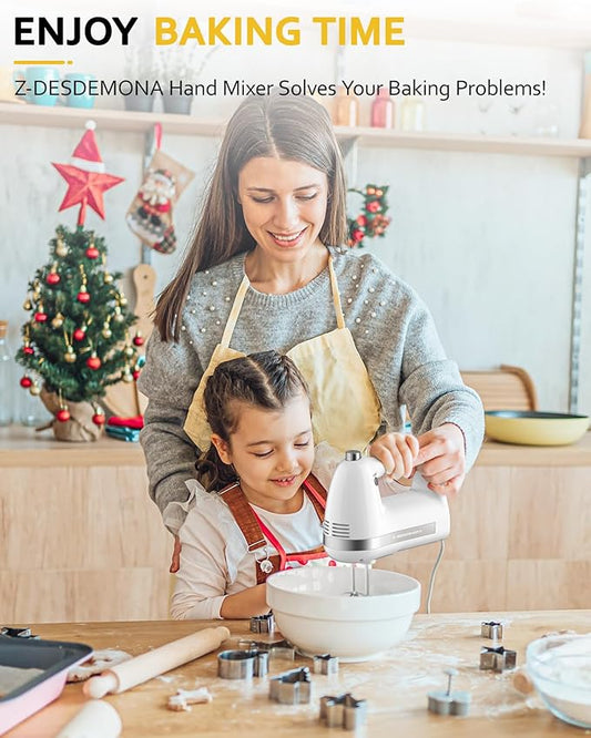 Z-DESDEMONA Electric Hand Mixer, Powerful 300W Hand Mixer Electric Handheld with 304 Beaters, Dough Hook,Hand Held Mixer with Turbo for Baking Cakes, Eggs, Cream Food(White)