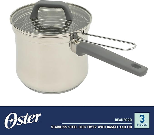 Oster Beauford 3.65-Quart Stainless Steel Deep Fryer Pot with Basket & Glass Lid – Induction, Oven & Dishwasher Safe, 5-Ply Encapsulated Base, Soft-Touch Handle