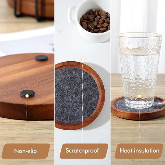 Acacia Wood Coasters for Drinks, HALE OTEIR 4.13 Inch Felt Wooden Coasters for Coffee Table Absorbent Set of 6 with Holder, Natural Wood Stackable Reusable Coasters for Home Office Coffee Bar Table