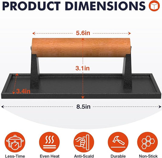 LLAMA VIVA 8.5"*3.1" Smash Burger Press, Cast Iron Grill Press with Wood Handle - Rectangle, Juicy and Crispy Burgers for BBQs, Cookouts - 1Pcs