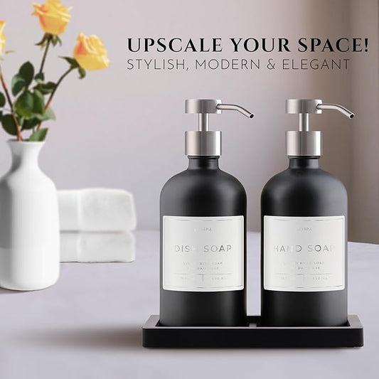 Lotion, Hand & Dish Soap Dispenser for Kitchen & Bathroom | Soap Dispenser Set of 2 16.8 Oz Glass Bottles with Stainless Steel Pump, 15 Water Proof Labels & Silicon Tray (Black/Silver)