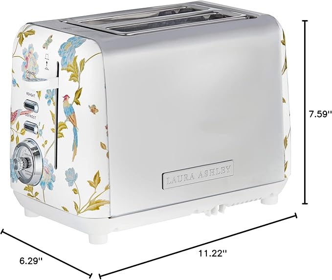VQ Laura Ashley Elveden White Stainless Steel 2 Slice Toaster | Multi-Functional Bagels & Bread Toaster 2 Slice with Adjustable Heating & Defrost Mode | Featuring 2 Wide Slots, Croissant Warming Rack