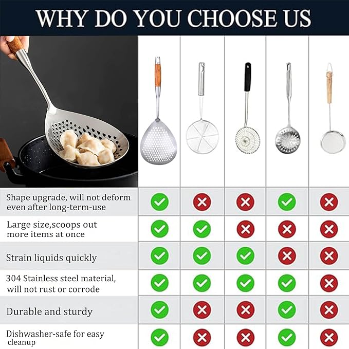 KAYCROWN Skimmer Slotted Spoon, 16.8 Inch 304 Stainless Steel Skimmer Ladle Spoon Spider Strainer for Cooking and Frying, Pasta Strainer Frying Spoon for Kitchen