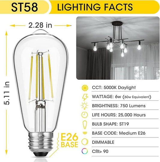 Dimmable Vintage LED Edison Bulb 60W Equivalent, 6W 750Lumens Edison Light Bulbs 5000K Daylight White, ST58 Antique LED Filament Bulb CRI 90+, E26 Medium Base, Clear Glass, Pack of 24