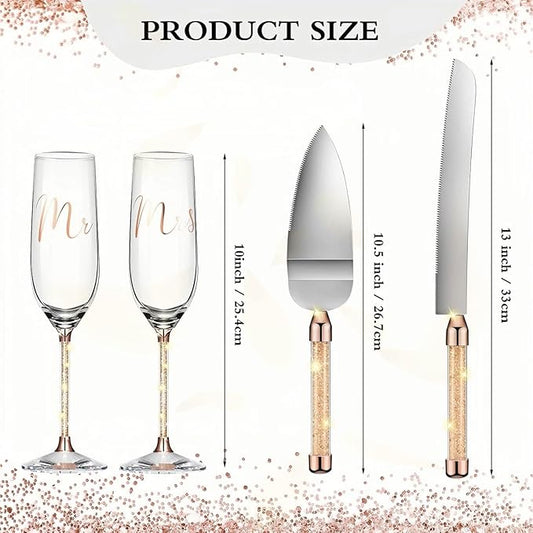 Wedding Cake Knife and Champagne Flutes Server Set | Bride & Groom Champagne Glasses | Toasting Glasses for Parties and Cake Cutting Set – for Wedding, Engagement, Bridal Shower Gifts(Gold)