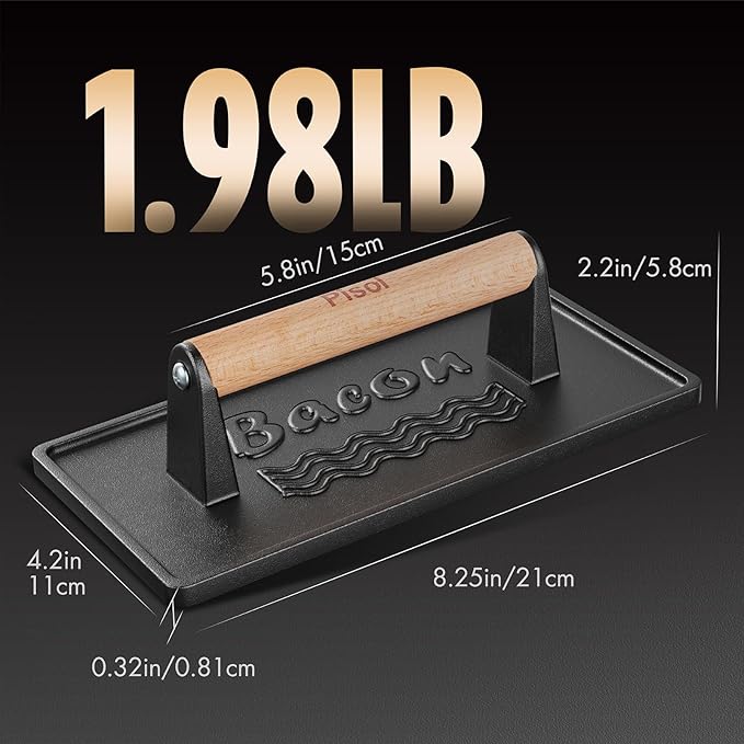 Pisol Bacon Press Smash Burger Press, Pre-Seasoned Cast Iron Hamburger, 2 lb Heavy-Duty Grill Bacon Meat Press Tool with Wood Handle