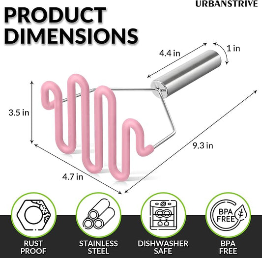 Urbanstrive Non-Scratch Silicone Potato Masher Kitchen Tool, Potatoes Masher Potato Masher Stainless Steel Wrapped In Premium Silicone, Potato Smasher, Pink