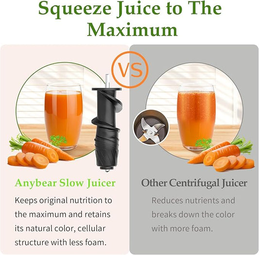 Anybear Masticating Juicer Machines, 3.5" Large Feed Chute Cold Press Juicer Fit Whole Fruits Vegetables with Quiet Motor | 5 Speed Modes | Easy to Clean with Brush | BPA Free (Silver & Black)