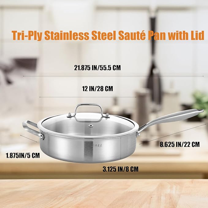 Inqibee Tri-Ply 5 Quarts Stainless Steel Sauté Pan with Lid, 12 Inch Induction Deep Frying Pan, Large Skillet,Jumbo Cooker, Dishwasher and Oven Safe,Detachable Handle.
