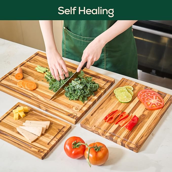 EZ FURNITURE 3-Piece Acacia Wood Premium Cutting Board Set with Extra Stand, Pre-Oiled Edge Grain with Juice Groove & Handles, Non-Slip Feet, Suitable for Meat & Vegetables, Non-Toxic