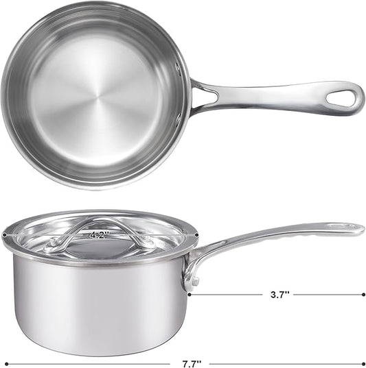 KC-Emier Mini Sauce Pan with Lid, Tri-Ply Stainless Steel Pot with Stay-Cool Handle & All Cooktop Compatibility (Gas, Ceramic, Electric) - Silver