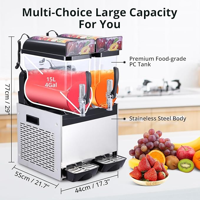 Black 15 L*2 700W Commercial Slushy Machine - Self-Cleaning Stainless Steel Frozen Drink Margarita Ice Cream Maker for Snow Melts, Cocktails - Ideal for Homes, Coffee Shops,and Restaurants