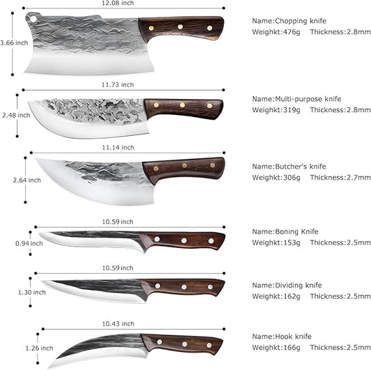ZENG 7 Pieces Butcher Knife Set with Roll Bag, Chef Knife Set for Meat Cleaver Cutting & Viking Knives with Ergonomic Handles, Stainless Steel Hand Forged Kitchen Knife Set for Home, Cooking, Camping