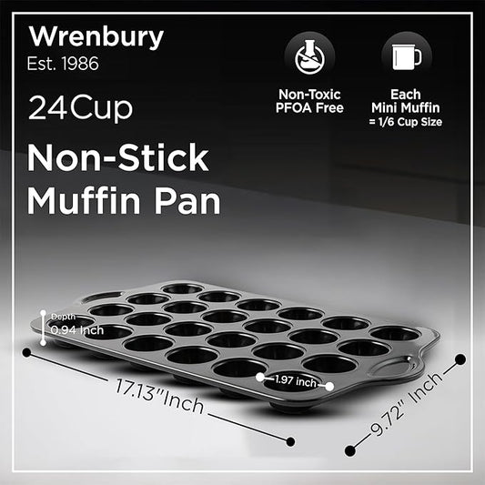 Wrenbury Mini Muffin Pan Non Toxic - Non Stick 24 Cup Small Cupcake Tray for Baking Joyful Bites - Dishwasher Friendly - Health Conscious Baking - 1.8" Cup