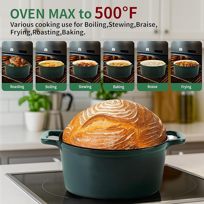 Tastedeli Enamel Cast Iron Dutch Oven with Lid, Round Casserole Pot for Bread Baking, Braising, Roasting, and Stews, Heavy-Duty, Oven Safe, Induction Compatible (4.7QT,Green)