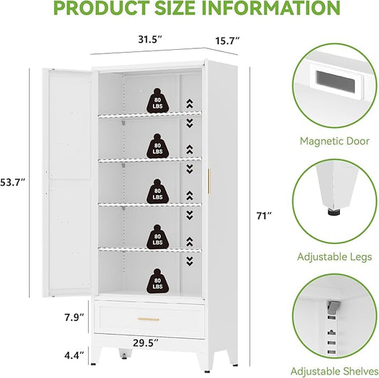 71"Tall Metal Storage Cabinet with Drawer and 4 Adjustable Shelves,Farmhouse Kitchen Pantry Storage Cabinet with Doors, Freestanding White Locker Cabinets for Office,Dining Room,Bathroom(White)
