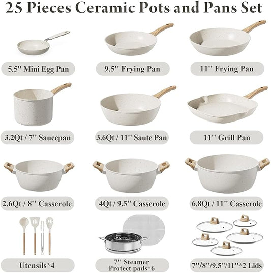 25 Pcs Pots and Pans Set Non Stick Ceramic Cookware Set, Healthy Non Toxic Kitchen Cookware with Mini Egg Pan, Large Capacity, Induction Compatible, PFAS/PTFE/PFOA/PFOS Free, Cream White