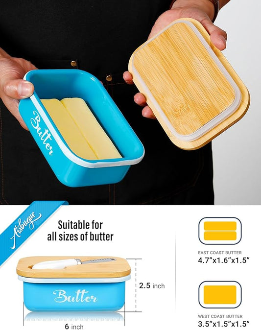 Butter Dish, Butter Dish with Lid for Countertop,Metal Butter Keeper with Stainless Steel Multipurpose Butter Knife, Large Butter Container with quality Silicone Good Kitchen Gift,Lake Bue