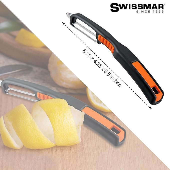 Swissmar Swiss Non-Slip Double Edge Straight Peeler - Easy-Grip Stainless Steel Peeler - Versatile Kitchen Tool, Ideal for Potato Peeler, Veggie Peeler & more - Black & Orange
