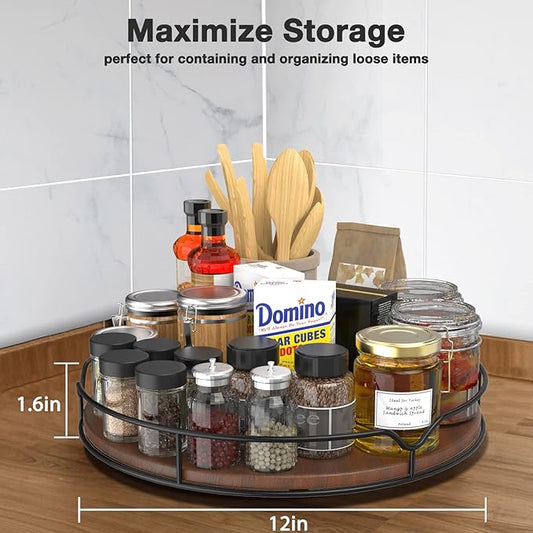 Lazy Susan Turntable Organizer for Cabinet Pantry Kitchen Countertop Refrigerator Cupboard, Pine Wood, 12", Brown