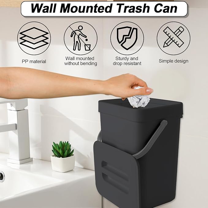 Compost Bin Kitchen, for use on Countertops or Under Sinks, Hanging Trash Can with Lid, for Cupboard/Bathroom/Bedroom/Office/Camping, Mountable Indoor Compost Bucket(Black 0.8 Gallon/3L)