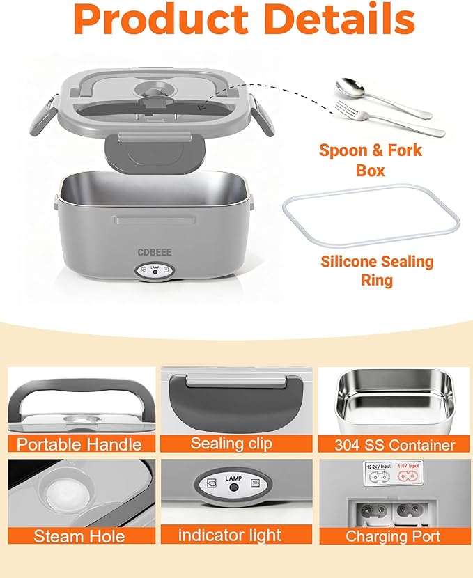 Electric Lunch Box Food Heater - 80W Fast Heating, 1.5L Heated Lunch Box Leak-Proof 304 Stainless Steel Portable Food Warmer, (12V/24V Car/Truck & 110V Home), Ideal for Work/Travel(White-grey)