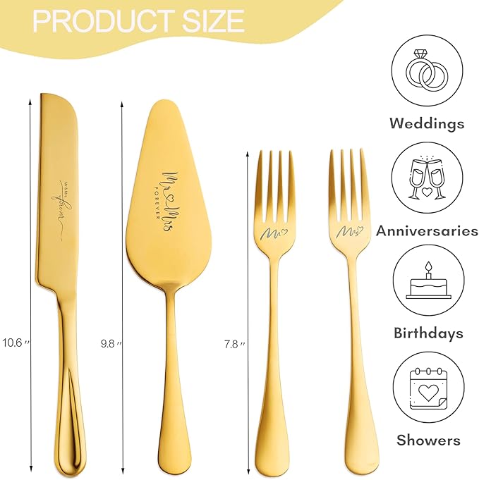 Wedding Cake Knife and Server Set, Cake Cutting Set for Wedding Gifts (Gold)