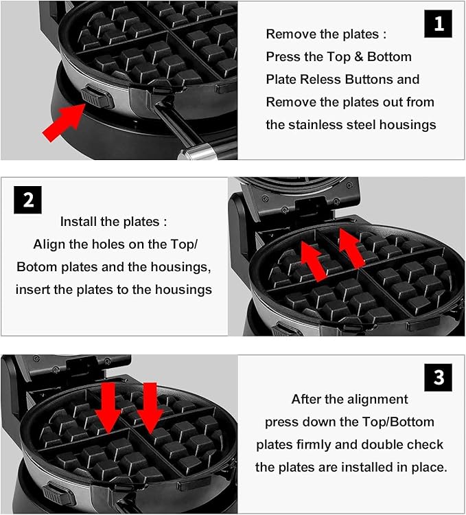 360 Rotating Belgian Multifunction Nonstick Baking Waffle Maker with 2 sets of Interchangeable Belgian Waffle and Omelet Baking plates
