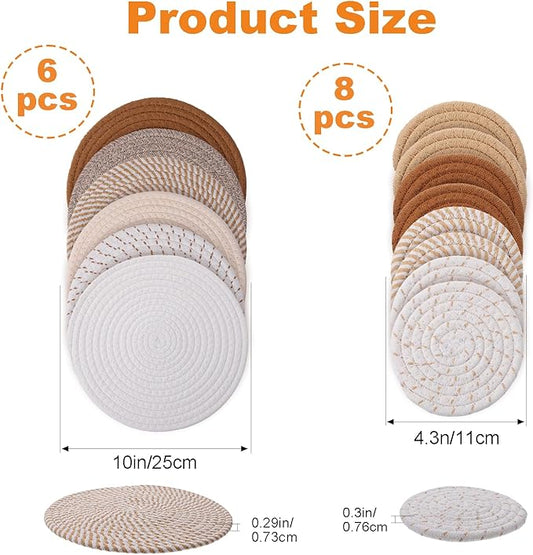 14-Piece Trivet Mats and Woven Coasters Set, Large Trivets for Hot Pots and Pans, Heat-Resistant Pot Trivets and Fabric Coasters for Kitchen and Dining Table