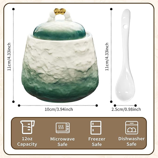 Ceramic Sugar Bowl with Lid and Spoon,12oz Sugar Bowl with Gradient Texture, Sugar Container with Lid and Spoon Sugar Jar for Coffee Station Accessories,Dishwasher & Microwave Safe,Green