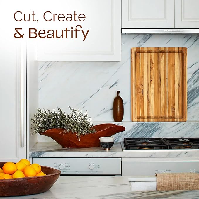 Yes4All Plus Large Edge Grain Teak Cutting Board for Kitchen, 24''L x 18''W x 1.5''Thick, Durable Wood with Juice Grooves, Pre-Oiled, Easy Grip Handles, Ideal for Chopping and Serving
