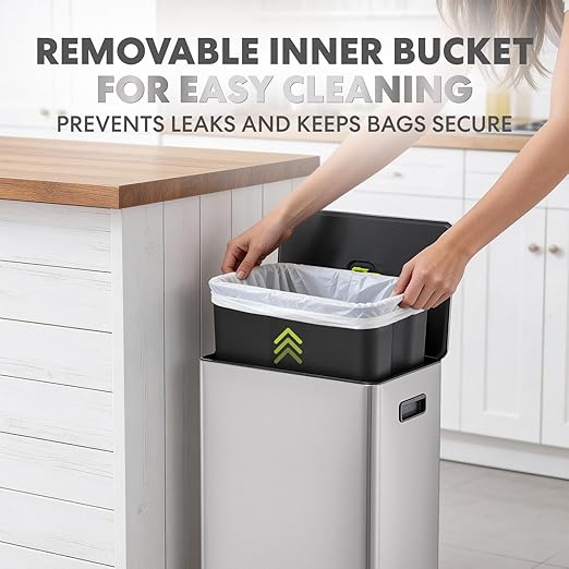 Simpli-Magic Infinity Edge 60 Liter / 16 Gallon Rectangular Hands-Free Extra Large Kitchen Step Trash Can, Soft-Close Single Lid Recycling Bin, Stainless Steel, Silver, 79678