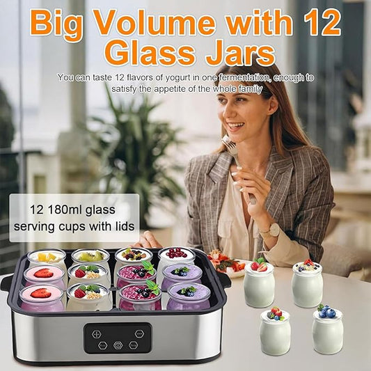 Automatic Yogurt Maker 2160ml Digital Yogurt Maker Machine with 12 Jars Adjustable Temperature 48H Time Control for Fresh Homemade Yogurt Dessert, Led Display Multi-Function Electric Yogurt Machine