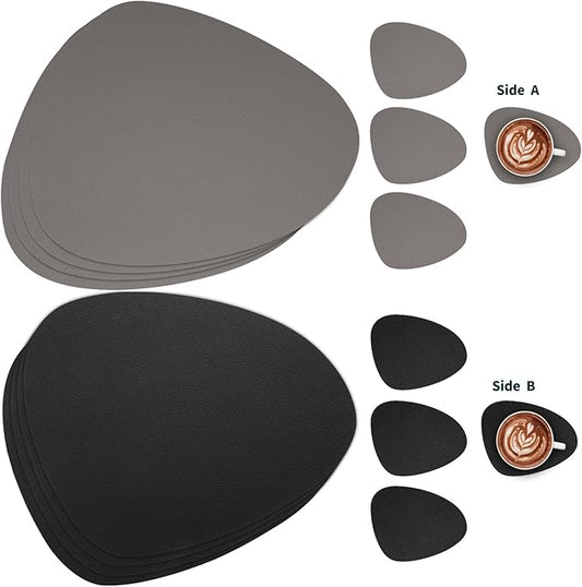 Myir JUN Placemats, Dual-Sided Placemats Waterproof Faux Leather Placemats Set of 6 Place Mats and Coasters Non-Slip Washable Table Mats for Dining Table (Gray Black, Set of 6)