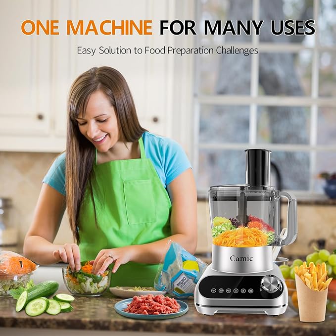Camic Blender & Food Processor Combo,6 Functions for Smoothies,Chopping,Slicing,Shredding,Grinding,Dough,72-oz.Blender Pitche,64-oz. Processor Bowl,To-Go Cup,Grinder Cup (Silver-Upgraded Version)