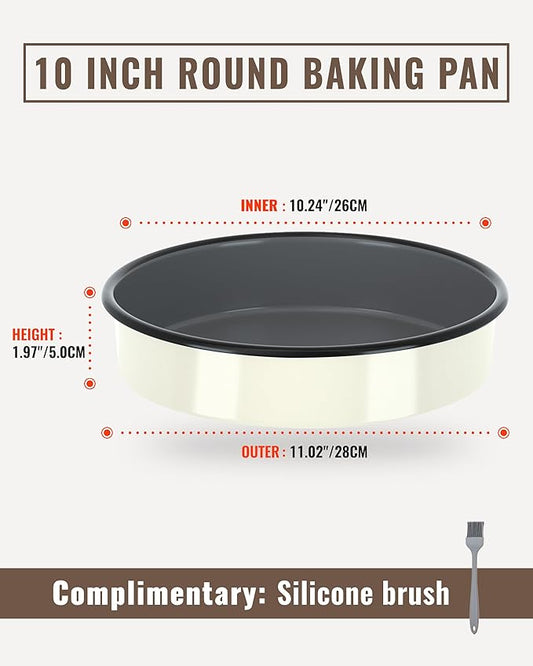 MCCSI Modern Round Enamel Roasting pan Deep Cake Pan Deep Dish Design,Dishwasher Safety (Creamy White, 10 inch)