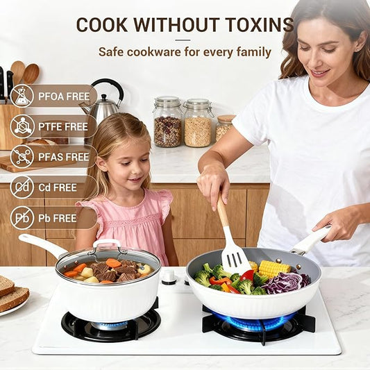Ammeloo 15-Piece Ribbed Ceramic Cookware Set, Pots and Pans Set Non Stick, Induction Ready, Healthy Non Toxic Kitchen Cooking Set PFAS/PFOA/PTFE-Free, Silicone-wrapped Stay-Cool Handle