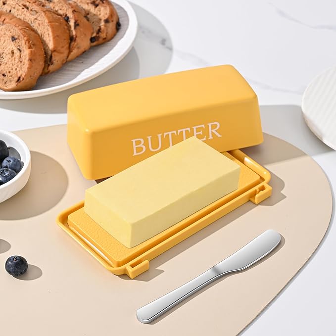 Butter Tray With Cover And Knife,Food Grade Plastic Butter Dishes With Lid And Stainless Steel Cheese Knife For Countertop,Yellow Cheese Storage Container